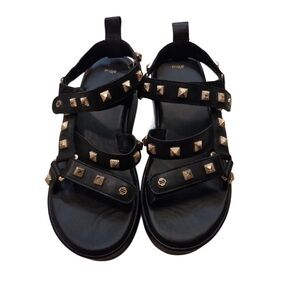 Maje Black Thick Wedge Sandals with Gold Studs